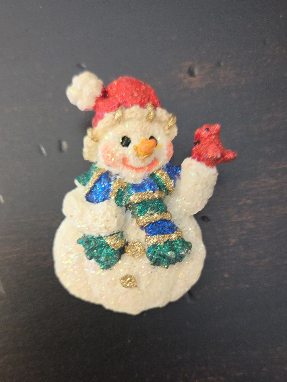 Vtg Glitter Snowman Pin with Red Hat and Blue-Green Scarf - 2" Tall